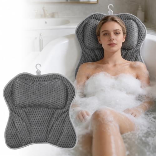 Badewannenkissen Nacken mit 6 Saugnäpfen, 4D-Air-Mesh-Technologie | Nackenkissen Badewanne, für Nacken Rücken, Badewanne und Home Spa, Grau