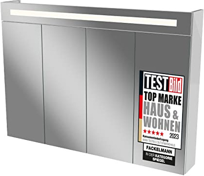 FACKELMANN TWINDY LED-Spiegelschrank, Maße: 110x79x17 cm, Korpus in Weiß Glanz, Falttürentechnik mit 3D-Effekt, 4 Türen, aus hochwertiger Spanplatte