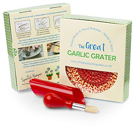 Garlic Grater Plate Set with Brush and Peeler. (#Ref 13). Handmade and Hand Painted in Cordoba, Spain. Orange with red Rim and Circle. Moroccan red Pattern.