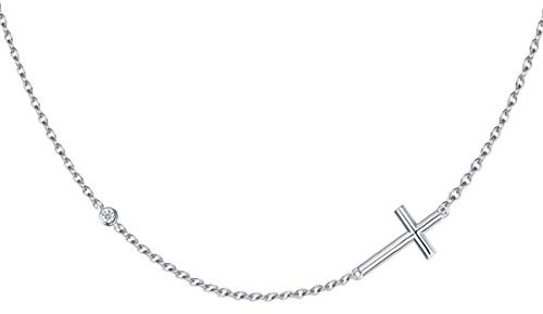 Damen Halskette mit Kreuz Horizontale Anhänger aus 925 Sterling Silber mit Rundschliff Zirkonia für Frauen Mädchen Baby Kinder - Verstellbar Kettenlänge: 40 + 5 cm