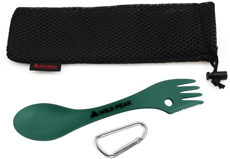 Wild Peak Plastic Spork - Lightweight & Strong All in one Spoon, Fork, Knife Cutlery with Optional Storage Bag ▲ (Army Green, with Storage Bag)