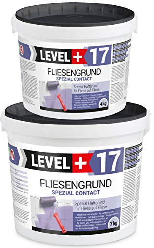 Level + 17 Fliesengrund Spezial Contact für Fliese auf Fliese - Spezial-Haftgrund mit Quarzsand für Fliesen, Glasmosaik, Naturstein & PVC - Grundierung für Innen & Außen - Lösemittelfrei - 11 kg