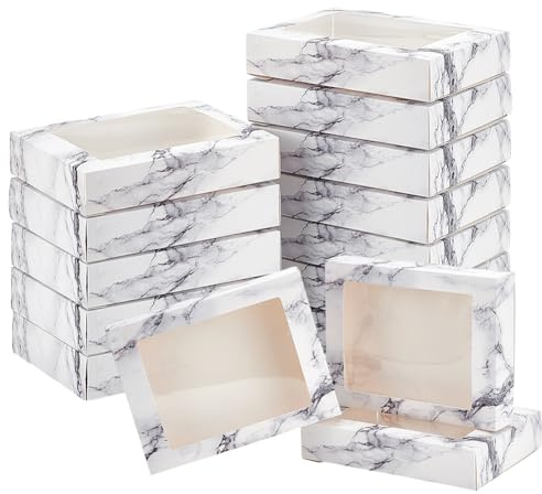 BENECREAT 15 Packungen 17.5x13.5x3.5cm Marmor Weiß Kraftpapier Bäckerei Box Mit Durchsichtigen PVC Fenster Geschenkbox Für Schmuck Speicher Display, Hochzeit, Valentinstag