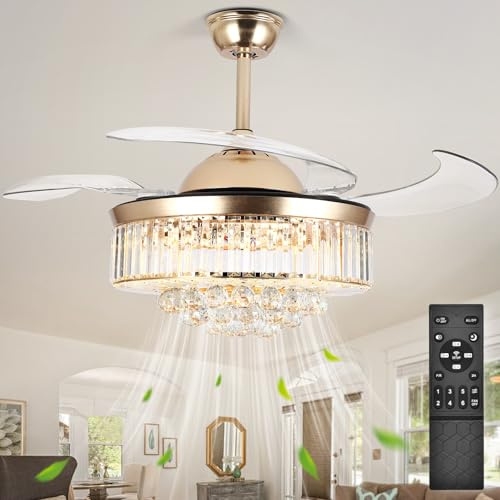 Bavnnro 36'' Fandelier Ceiling Fans with Light, Gold Retractable Crystal Chandelier Fan, Reversible, Remote Control, Dimmable Ceiling Light Kits for Dining Living Room, Bedroom
