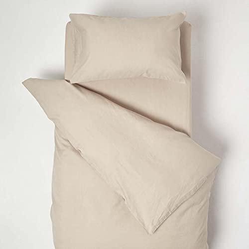 HOMESCAPES Parure de lit Enfant en Lin lavé Beige, Housse de Couette 120x150 cm et Taie d’Oreiller 40x60 cm