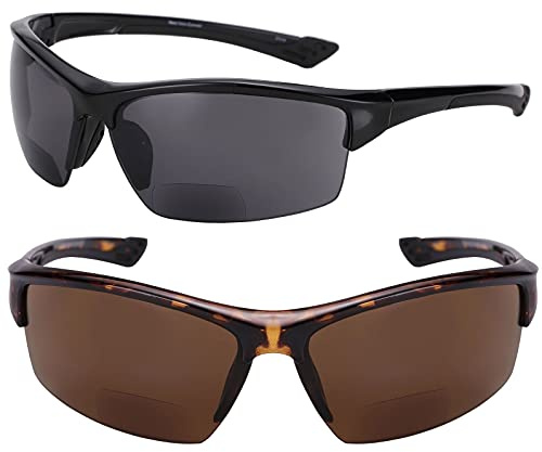 Mass Vision 2 Pair of “The Skillful” Semi Rimless Sport Wrap Bifocal Sunglasses (Black/Tortoise, 2.5)