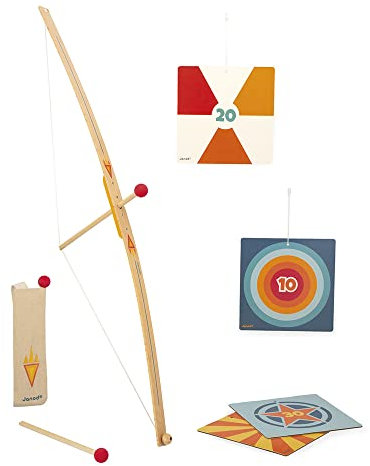 Janod - Bogenschießen-Set aus Holz - 1 Bogen und 3 Pfeile, 1 Köcher und 4 Zielscheiben - Outdoor-Spiel - Geschicklichkeit und Motorik - FSC-zertifiziert - ab 5 Jahre, J03172