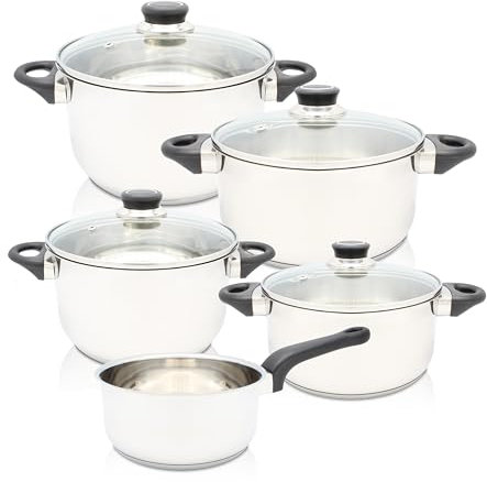 Krüger Edelstahl Kochtopf-Set Apollo 5-teilig - Topfset aus 4 Kochtöpfen und einer Stielkasserolle mit Glasdeckel zum Sichtkochen - mit 3-Schicht-Thermoboden und Schüttrand