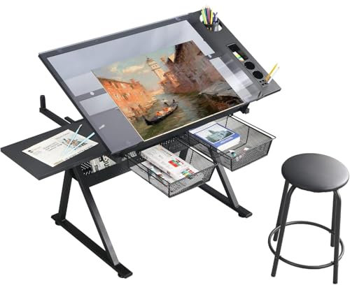 LifeSky - Mesa de Dibujo de Vidrio Ajustable, Altura Ajustable, Mesa de Dibujo para Artistas con Almacenamiento, Escritorio de Manualidades para Adultos