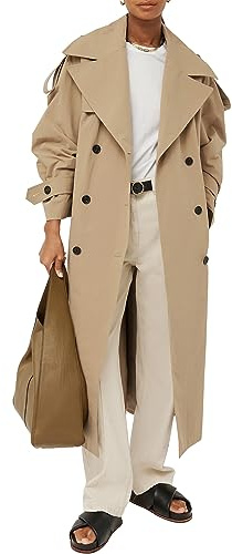 Farktop Womens Oversized Long Trench Coat Double Breasted Lapel Windproof Overcoat with Belt