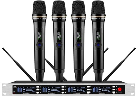 4 Channel Professional Wireless Microphone System True Diversity Pro Audio Recording Stage Vocal Singing Karaoke Church School Performance 4 Handheld, 19 Inch Rack Mountable, Black