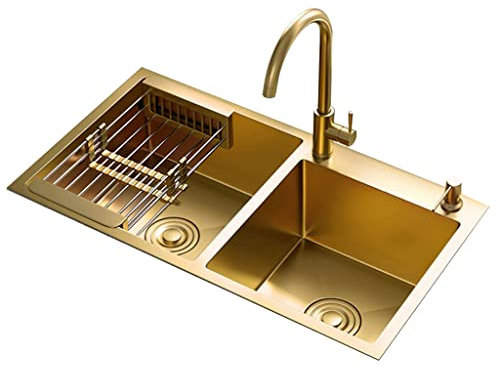 OQHAIR Évier de Siphon de Cuisine avec Panier de vidange Évier de Grande capacité pour Salle à Manger Plate Domestique Évier de Cuisine avec Double Bol Évier à Encastrer sur Comptoir (Col