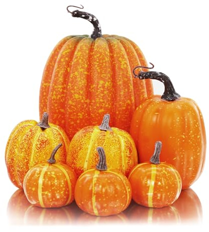 Flow fire Artificial Pumpkins Halloween, 7 Pcs Orange Fake Pumpkin, Plastic Pumpkins for Halloween Thanksgiving Christmas Home Decoration
