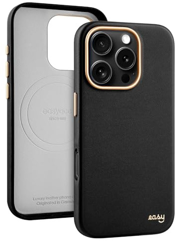 EasyAcc für iPhone 16 Pro Max Hülle Leder, kompatibel mit MagSafe, Schmutzabweisend, Kratzfest, Metalltasten, Luxus-Handyhülle für iPhone 16 Pro Max Case, Stoßfest, Fallschutz, Schwarz-Gold