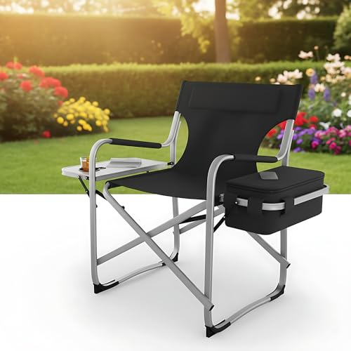 Onbest Campingstuhl faltbar – mit Kühlfach & Klapptisch, Schwarz | Bequem gepolsterter Klappstuhl bis 150 kg mit Getränkehalter & Tasche – kompakter Faltstuhl für Camping, Outdoor und Garten