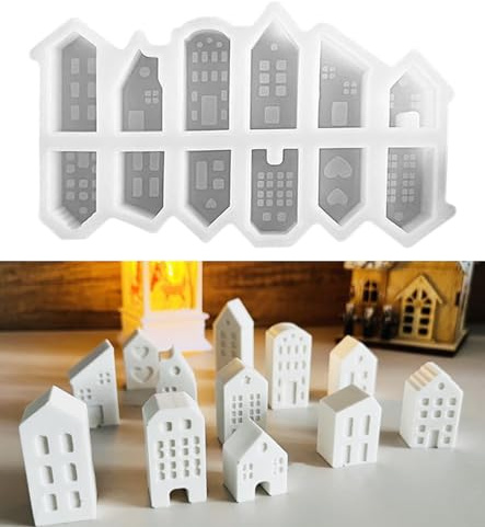 Octonyluck Moules en silicone pour maisons, mini maisons, 12 moules en silicone, pour verser avec plâtre, béton créatif, cire, poudre de coulée, moule maison (Blanc)