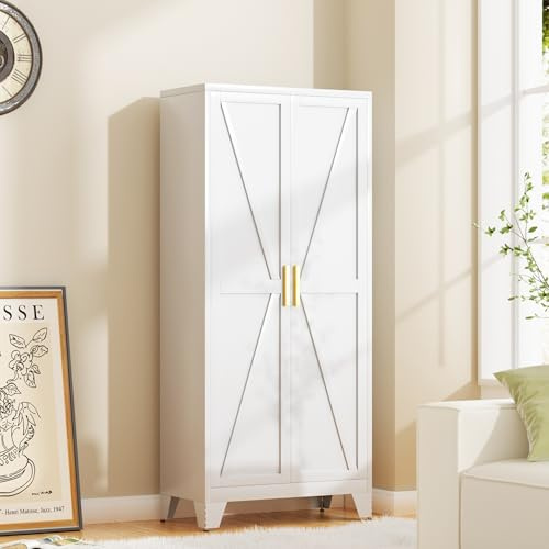 Baborokic 61H Metal Storage Cabinet with 2 Doors and Adjustable Shelves,Farmhouse Storage Cabinet with Barn Doors,Pantry Storage for Home,Office,Bathroom,Dining Room,Kitchen(White)