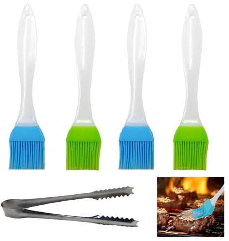 SHENSAIGO 4 Stück Silikon Backpinsel, 2 Farben Backen Silikonpinsel, Hitzebeständiges Küchenpinsel, Basting Silikon Pinsel mit Edelstahlzange, Küche Pastry Brush für Grillen Sauce Gebäck Rühren Kochen