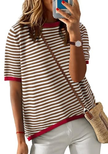 UMIPUBO Camisetas Manga Corta Verano Mujer Cuello Redondo de Rayas Choque De Colores T Shirt Elegantes Moda Casual Tops Cómoda Loose Blusas tee (Marrón, L)
