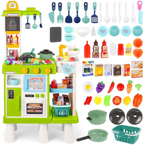 Toddlers Kitchen Playset Toys, Kitchen Set Toys 54 pcs, Height-adjustable, Double-Sided Design, Girls Boys Play Kitchen with Sounds, Lights, Cooking Stove, Play Sink for 3-8 years old, 100 * 45CM