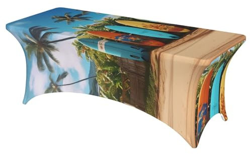 FJWSLCH Surf's up Surfbrett-Tischdecke, Spandex-Stretch-Tischdecken für rechteckige Tische, waschbare Tischdecke für Veranstaltungen, universeller Tischschutz für Party, Hochzeit, Bankett
