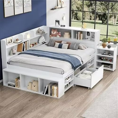 BTM Double Bed with Storage, Double Bed Frame with Drawers, Bookcase and Cupboard, Multifunctional 4ft6 with Storage Headboard for Kids, 4ft6-135x190cm, No Mattress