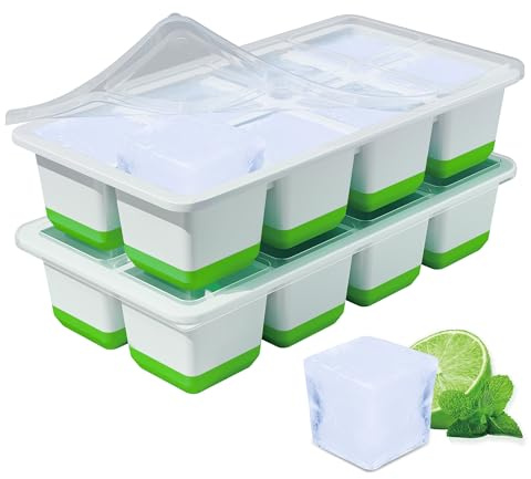 Eiswürfelform Groß, 2 Pack Große Eiswürfelbehälter mit Deckel, Leichtes Lösen, BPA-Freie Silikon Eiswürfelformen, 4,5cm Eiswürfel xxl für Whiskey, Cocktails und Getränke (Grün Silicone Ice Cube Tray)