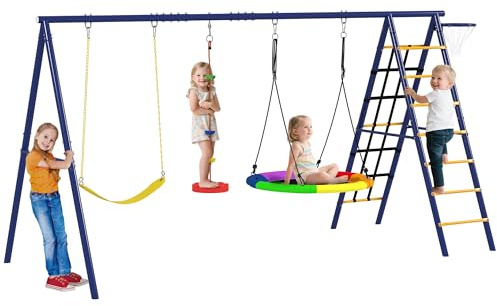 AIYAPLAY 6 in 1 Kids Swing Set with Metal Frame, Basketball Hoop, Climbing Ladder and Net, Heavy Duty Children Swing Play Set for Backyard Garden, Outdoor Playground for Ages 3-8