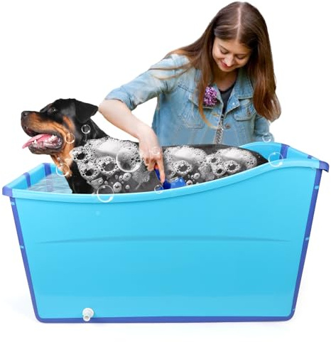 YUEPET Extra Large Foldable Dog Bath Tub for Large Dogs, 49 Gal Portable Dog Bathtub Lightweight Hightened Pet Wash Station with Drain Plug for Big Dogs Indoor/Outdoor Bathing, Camping (Blue)