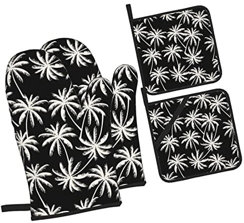 4 Pezzi Guanti Da Forno E Set Di Presine Palm Tree Black Tropical Guanti Da Forno Resistente Al Calore Professional Guanti Da Cucina Per Cottura Al Forno, Cottura Al Forno, Cucinare