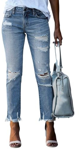 Sawmew Jean boyfriend troué pour femme, jean bootcut skinny, pantalon en denim, braguette boutonnée, jean boyfriend droit troué, jean Y2K(Blue,M)