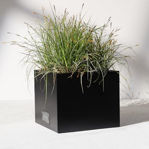 Maceta de metal resistente, macetas cuadradas grandes y altas de acero para uso en interiores y exteriores, con drenaje, macetas transpirables con 2 rejillas de ventilación de malla (negro, 33 x 33 x