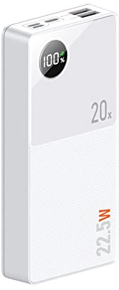 Banco de energía, Carga rápida, portátil, Carga de Respaldo del Paquete de baterías, Banco de energía con Pantalla LCD, con 3 Puertos de Salida, 3 Puertos de Entrada, Carga, Blanco, 20000 mA