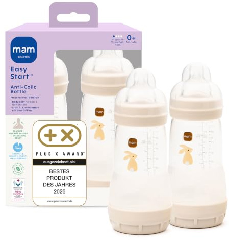 MAM Easy Start Anti-Colic Babyflasche 2x 260 ml, 0+ Monate, Gr. 1, Hase | Selbst-sterilisierend in der Mikrowelle in 3 Min, Anti-Kolik-Bodenventil, brustähnlicher SkinSoft Sauger, ab Geburt