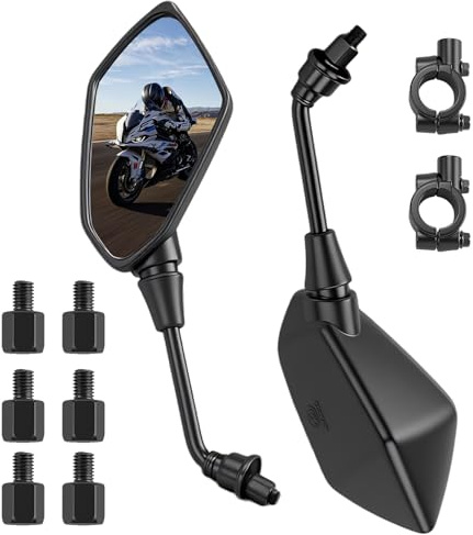 Motorrad Spiegel Set,2 Stück Motorrad Rückspiegel mit 360° Drehung,Lenkerklemme 22mm (7/8),M8/M10 Rechts- & Linksgewinde,E-Geprüft Motorradspiegel Kompatibel mit Scooter Mope ATV (Schwarz)