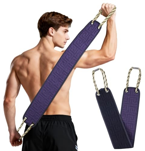 Beugo Exfoliating Back Scrubber for Shower,37 Inches Soft Shower Bath Scrub Back Washer with Handles Exfoliating Washcloth Body Exfoliator Bath Tool to Scrub Body Deeply for Men & Women, Dark Purple