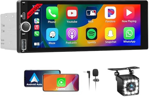 Wireless Autoradio CarPlay 1 DIN - 6.86 Pouces HD Ecran Tactile Radio Car Play sans Fil Soutien PhoneLink iOS/Android avec Caméra de Recul, RDS Radio FM/Type-C de Recharge/Mic/EQ/SWC