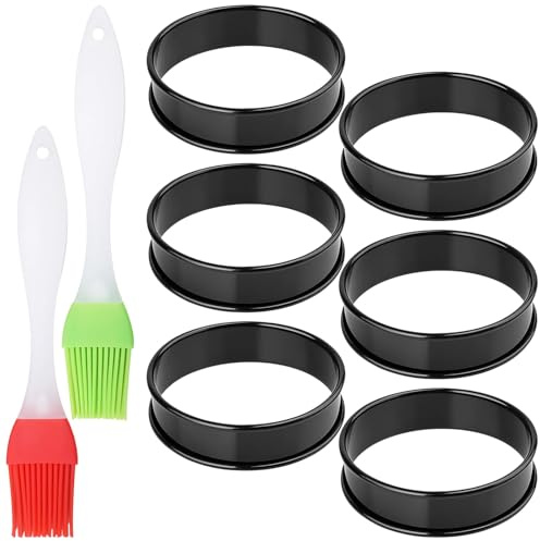6 Pcs Crumpet Rings Non Stick, Egg Rings for Frying and Baking, Diameter Crumpet and Pancake Mould, Includes 2 Silicone Brushes for Easy Application and Cleaning, Fit in Home Bakers and Small Bakeries