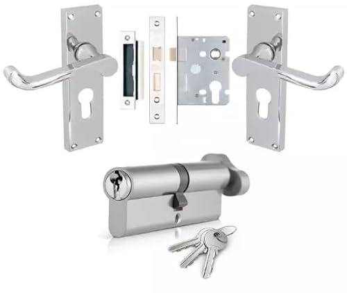 Victorian Style Euro Lock Pack with Scroll Lever Handles, Polished Chrome Door Hardware Set, Complete 35T/35 (70mm) Cylinder Lock, 3 Euro Sash Lock and Handle Kit, for Internal Doors