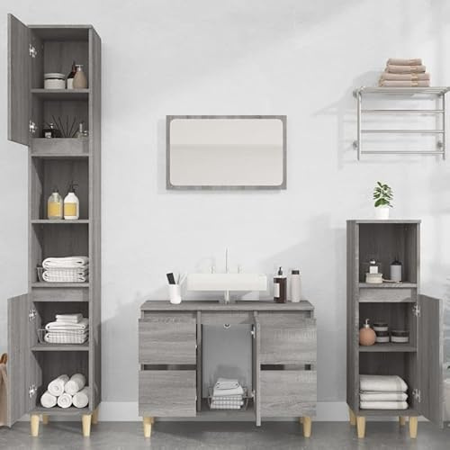 Bladez 3-TLG. Badmöbel-Set Grau Sonoma aus Holzwerkstoff & Massivholz Eukalyptus - Modernes Badezimmer-Schrank-Set, Stauraum-Lösung, Langlebig & Stilvoll
