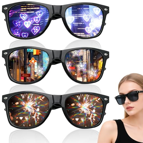 Herbst 3 Stück Heart Diffraction Glasses, Lustige Brillen Unisex Rave Brille, für Karneval, Musikfestivals, Partys und Bars