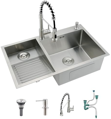 BoomHoze Drop In Laundry Sink with Faucet Combo, Laundry Room Sink with Washboard Stainless Steel Utility Sink Double Bowl 16 Gauge Stainless Deep Clothes Wash Basin with Soap Dispenser(31.5 Inch)