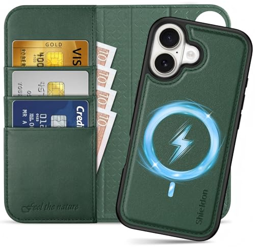 SHIELDON Genuine Leather Removable Wallet Case for iPhone 17, Evergreen | Magnetic Wireless Charging, Card Slots, RFID Blocking, Kickstand, Shock Absorbing, Detachable Flip Folio Cover, Strap Holes