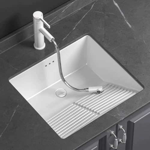 Lavandino Bagno Sottotop, Lavatoio Ceramica con Asse da Bucato e Rubinetto, Lavandino Lavanderia Rettangolare Sottopiano per Bagno con Troppopieno(40.5x46.5x22cm/15.9x18.3x8.7in)