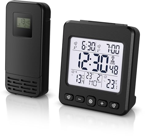 CSL - Funkwecker digital - Funk Wetterstation Funk mit Außensensor - Innentemperatur und Außentemperatur - Funkwecker Funkuhr - 2 Alarmzeiten - LED Display