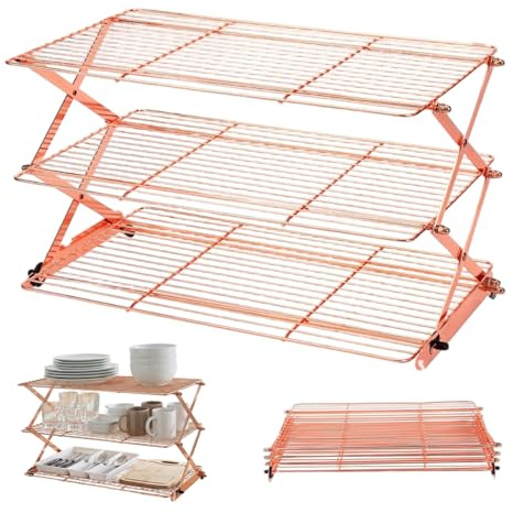Collapsible Cooling Rack, 3-Tire Non-Stick Wire Metal Cookie Rack for Pizza Cake Grill Heavy Duty Non-Stick for Cooking and Baking Rose Gold