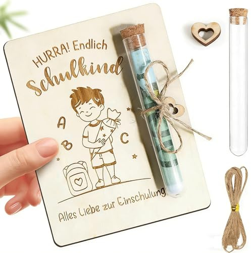 Einschulungsgeldgeschenkverpackung für Jungen mit Holz Kork und Glas | Lasergravur-Motiv, Befüllbare mit Scheinen & Notizen, inkl Juteband und Deko-Herz, für Bargeld & Gutscheine, zum Schulanfang