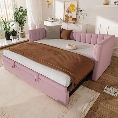 HaoChrymec Cama Daybed Tapizada de Terciopelo con Cama Nido Ajustable, Sofá Camas Individual y Doble, Camas Convertible para Dormitorio y Apartamento Pequeño, Rosa, 90 x 200 cm (180 x 200 cm)