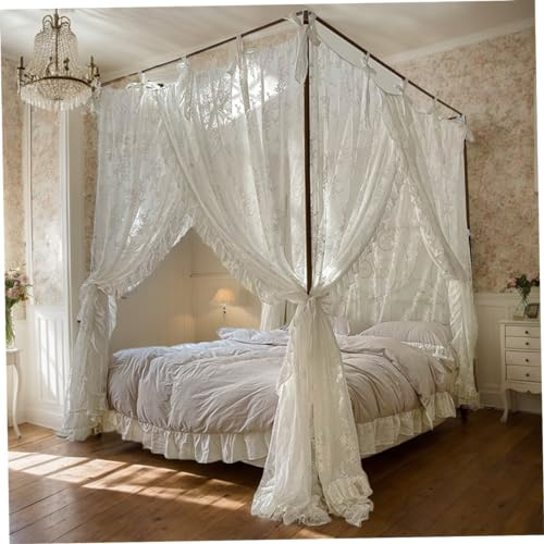 Comebachome Himmelbett-Vorhänge, dreifach zu öffnender Spitzen-Prinzessinnen-Betthimmel, 4 Eckpfosten-Hängevorhänge mit Bändern, passend für 4, 92 Fuß