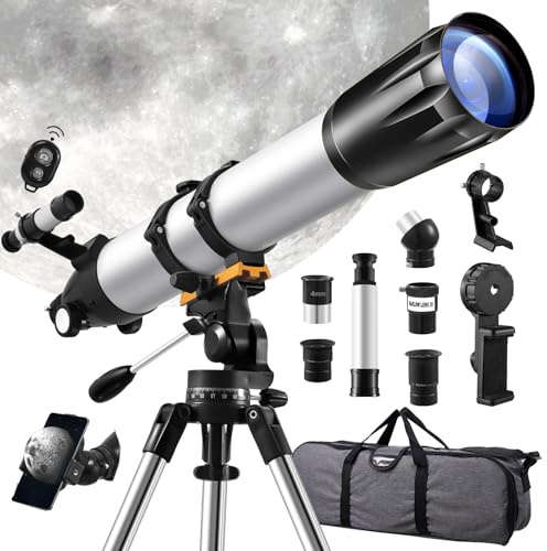 Viugreum Telescopio Astronómico, Refractor 90mm de diámetro y 900mm de Distancia Focal con Mando a Distancia, 3 Oculares, 1 Lente Barlow 3X, Soporte para Teléfono, Montura AZ y Bolsa de Transporte